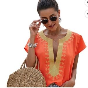SHEIN Orange and Gold Boho Vneck Top Size M